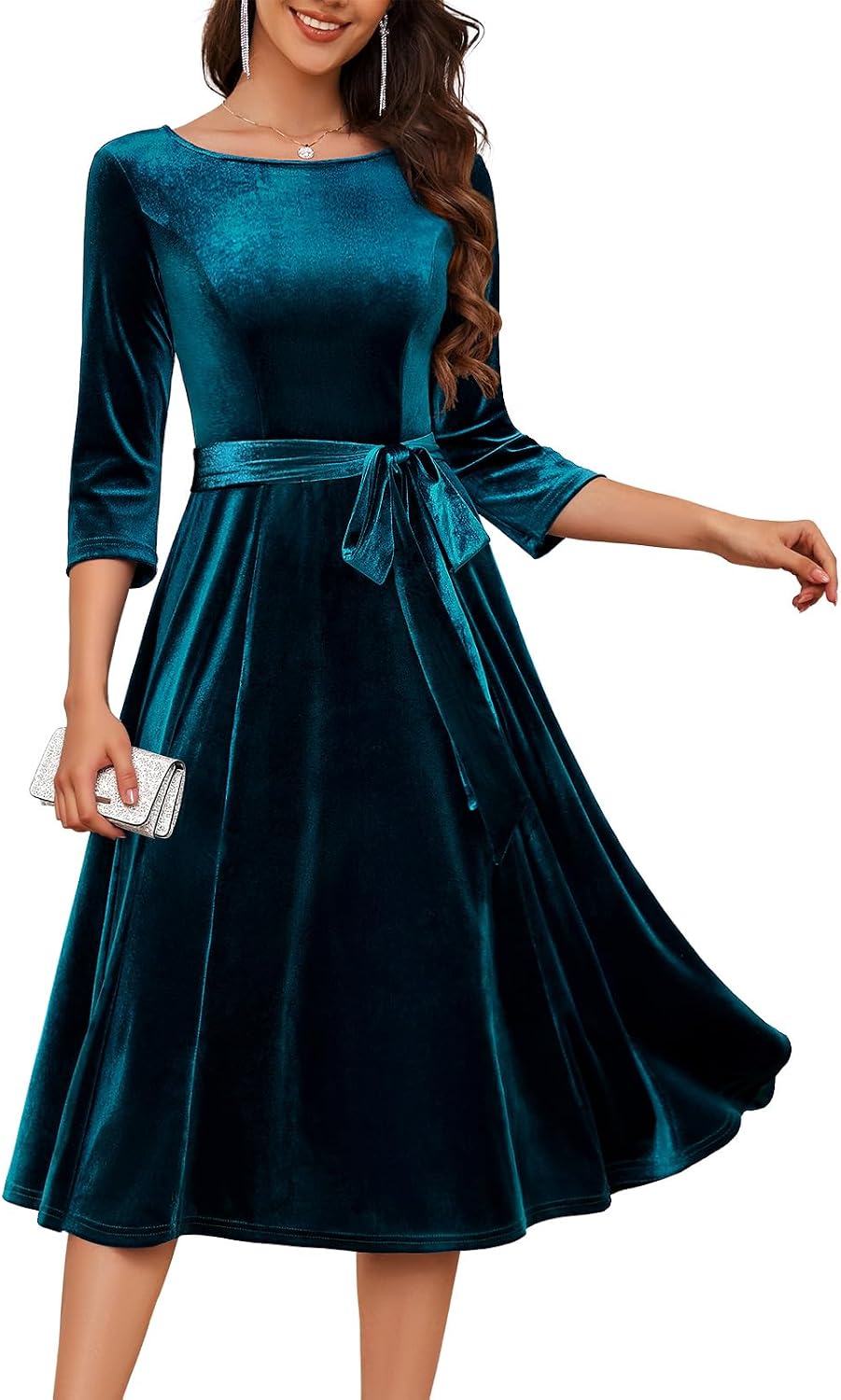 DRESSTELLS Velvet Cocktail Dress for Women, 2025 Winter Christmas Holiday Dress, 3/4 Long Sleeves Party Formal Gala
