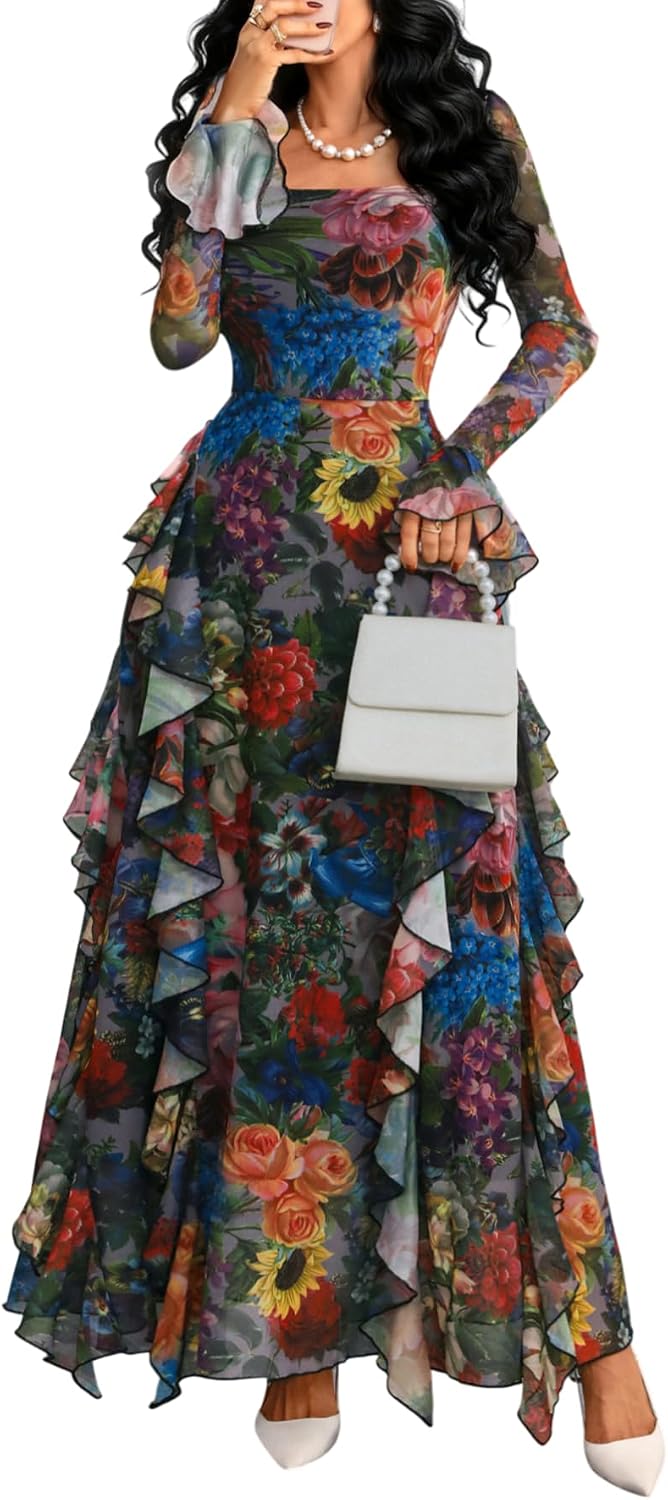 GothDark Women's Floral Dress Long Sleeve Square Neck Ruffle Party Outfit