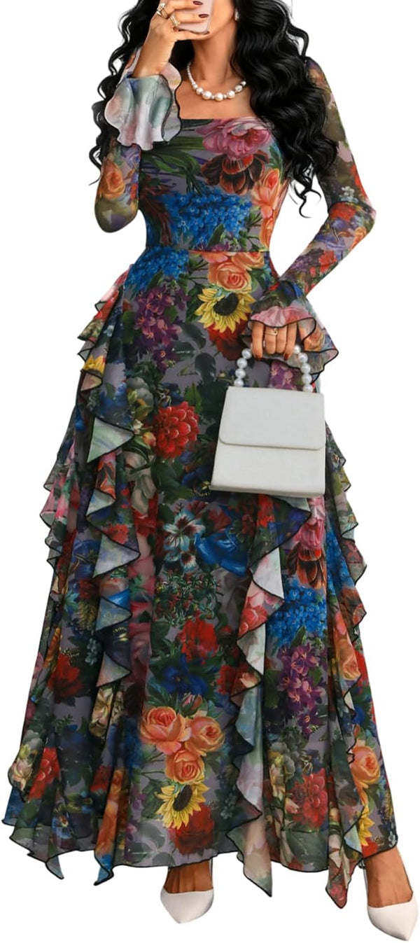 GothDark Women's Floral Dress Long Sleeve Square Neck Ruffle Party Outfit
