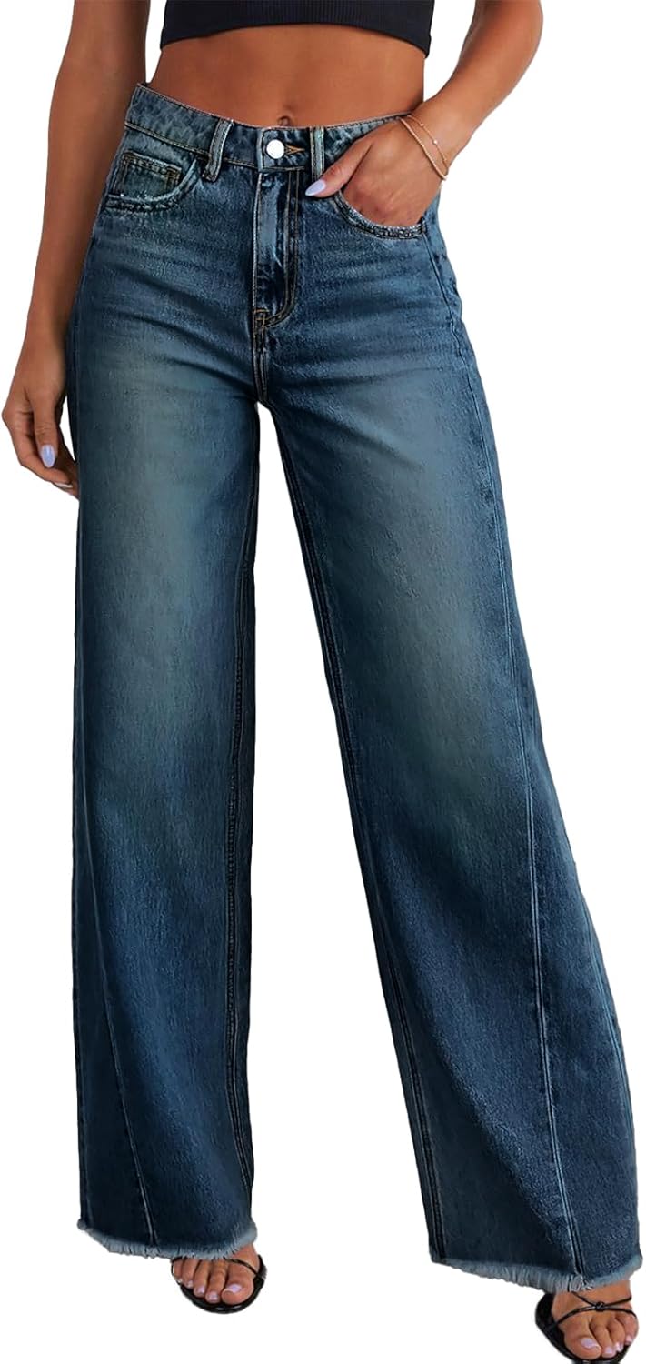Sidefeel Women's Wide Leg Jeans High Waisted Stretchy Raw Hem