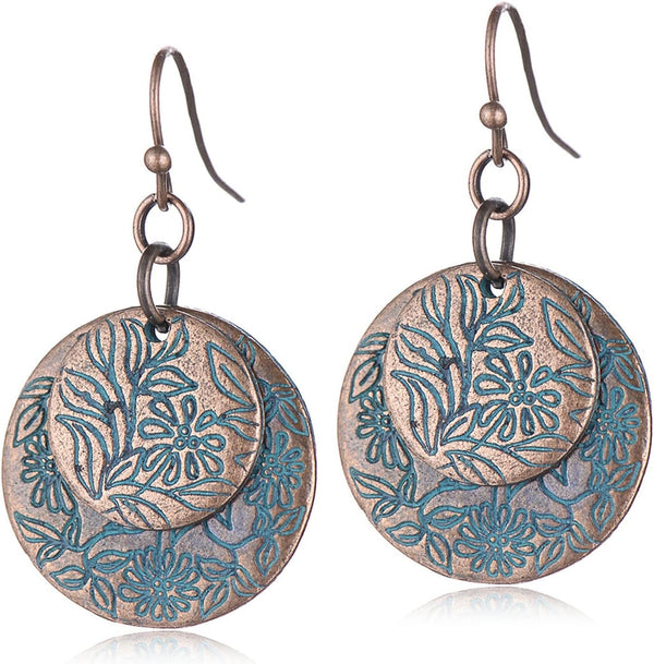 Vintage Bronze Spiral Leaf Hoop Boho Earrings