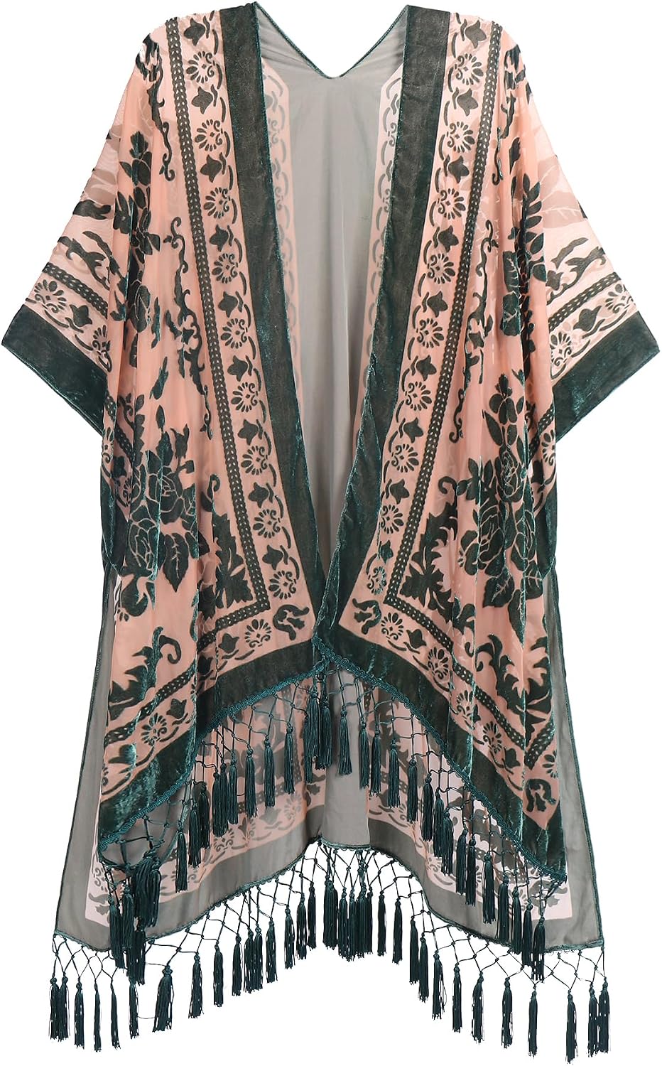 Women's Burnout Velvet Kimono Long Cardigan Cover Up With Tassel