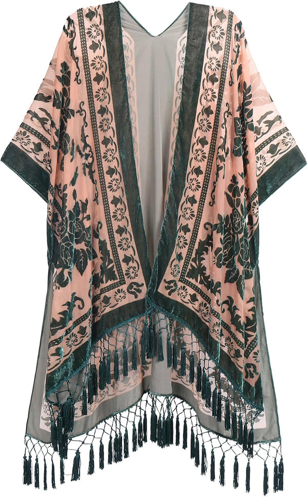 Women's Burnout Velvet Kimono Long Cardigan Cover Up With Tassel
