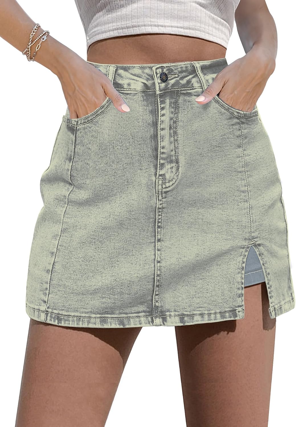 luvamia Jean Skort Women High Waisted Stretchy Denim Mini Skirt Side Slit | Jean Skirt with Shorts Underneath, Trendy, Stretch, Cute, Y2k, Denim Skorts, Jean Shorts, Country Concert Outfits for Women