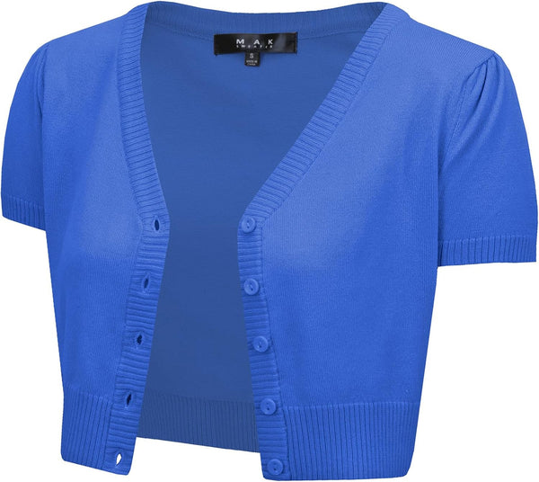 YEMAK Women's Cropped Bolero Cardigan – Short Sleeve V-Neck Basic Classic Casual Button Down Knit Soft Sweater Knitted Top