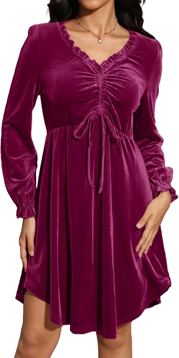 Jayscreate Women's V Neck Velvet Dress Tie Front Waist 2024 Ruffle Long Sleeve Wedding Guest Short Wrap Formal Dress