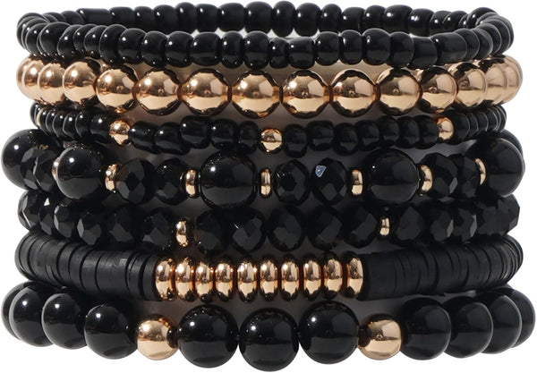 Surfer Heishi Clay Bead Bracelets for Women Bohemian Stackable Gold Plated Beaded Stretch Bracelets Elastic Layering Friendship Bracelets Set Boho Jewelry
