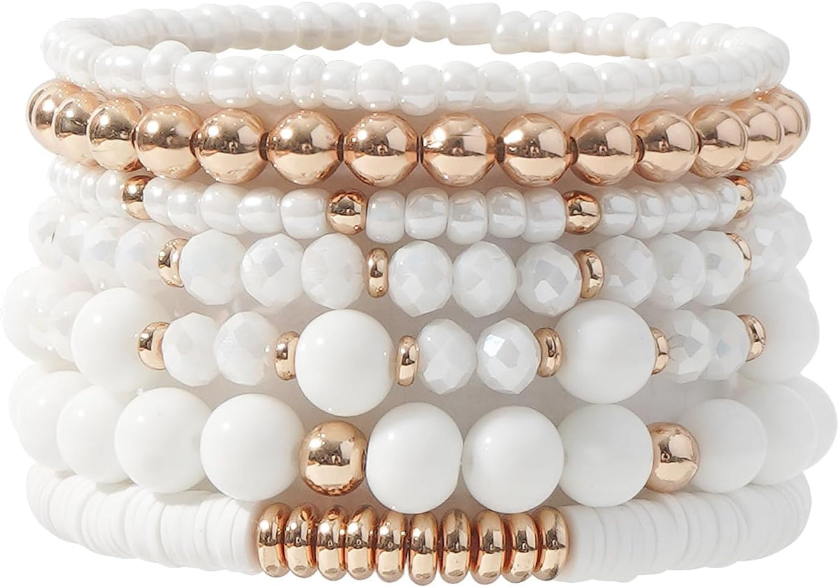 Surfer Heishi Clay Bead Bracelets for Women Bohemian Stackable Gold Plated Beaded Stretch Bracelets Elastic Layering Friendship Bracelets Set Boho Jewelry