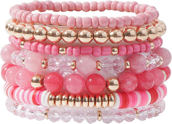 Surfer Heishi Clay Bead Bracelets for Women Bohemian Stackable Gold Plated Beaded Stretch Bracelets Elastic Layering Friendship Bracelets Set Boho Jewelry