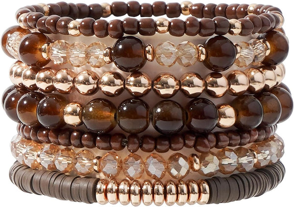 Surfer Heishi Clay Bead Bracelets for Women Bohemian Stackable Gold Plated Beaded Stretch Bracelets Elastic Layering Friendship Bracelets Set Boho Jewelry