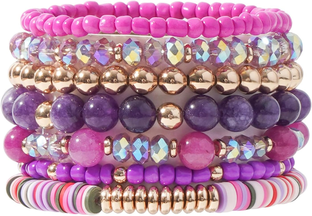 Surfer Heishi Clay Bead Bracelets for Women Bohemian Stackable Gold Plated Beaded Stretch Bracelets Elastic Layering Friendship Bracelets Set Boho Jewelry