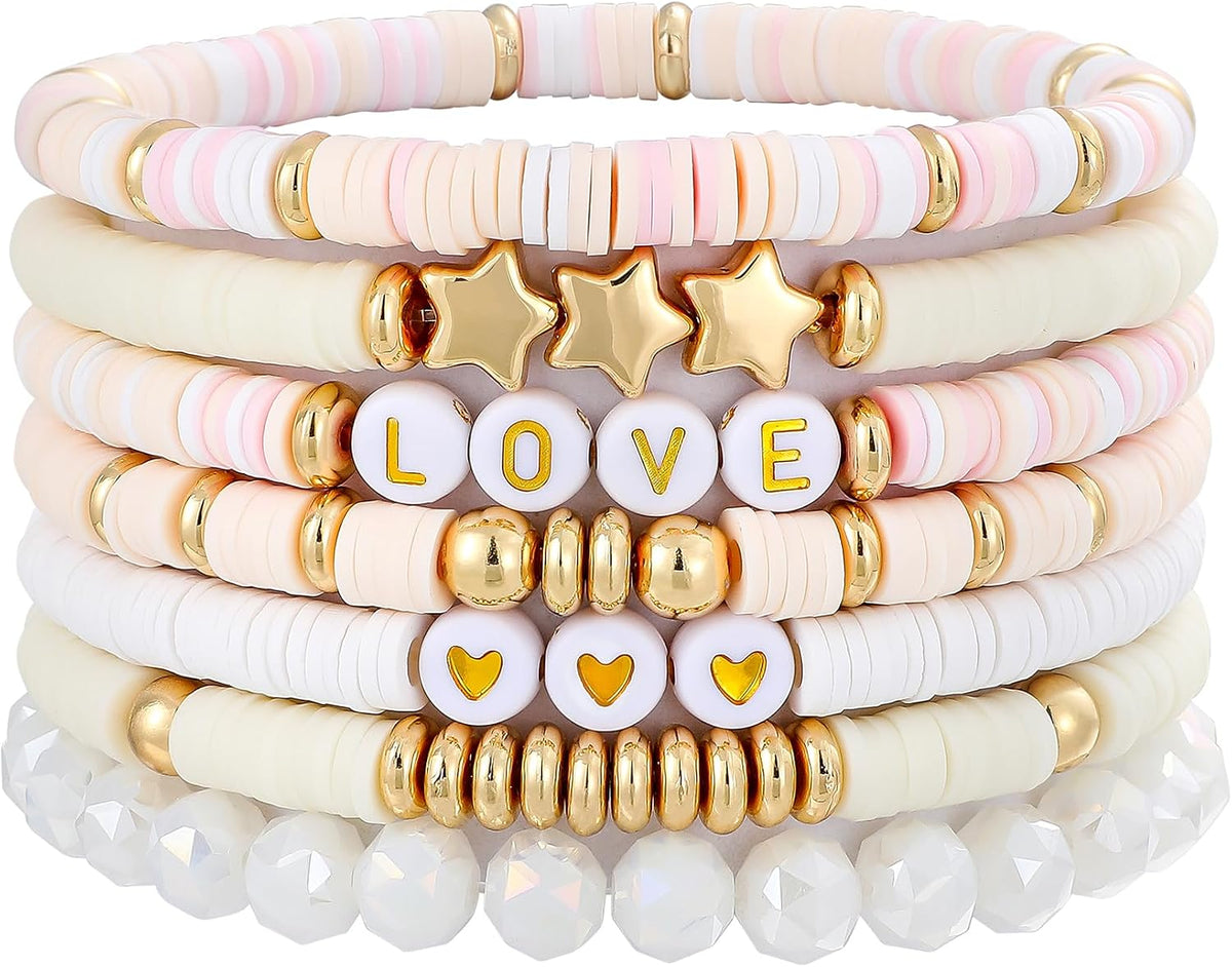 Surfer Heishi Clay Bead Bracelets for Women Bohemian Stackable Gold Plated Beaded Stretch Bracelets Elastic Layering Friendship Bracelets Set Boho Jewelry
