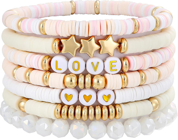 Surfer Heishi Clay Bead Bracelets for Women Bohemian Stackable Gold Plated Beaded Stretch Bracelets Elastic Layering Friendship Bracelets Set Boho Jewelry