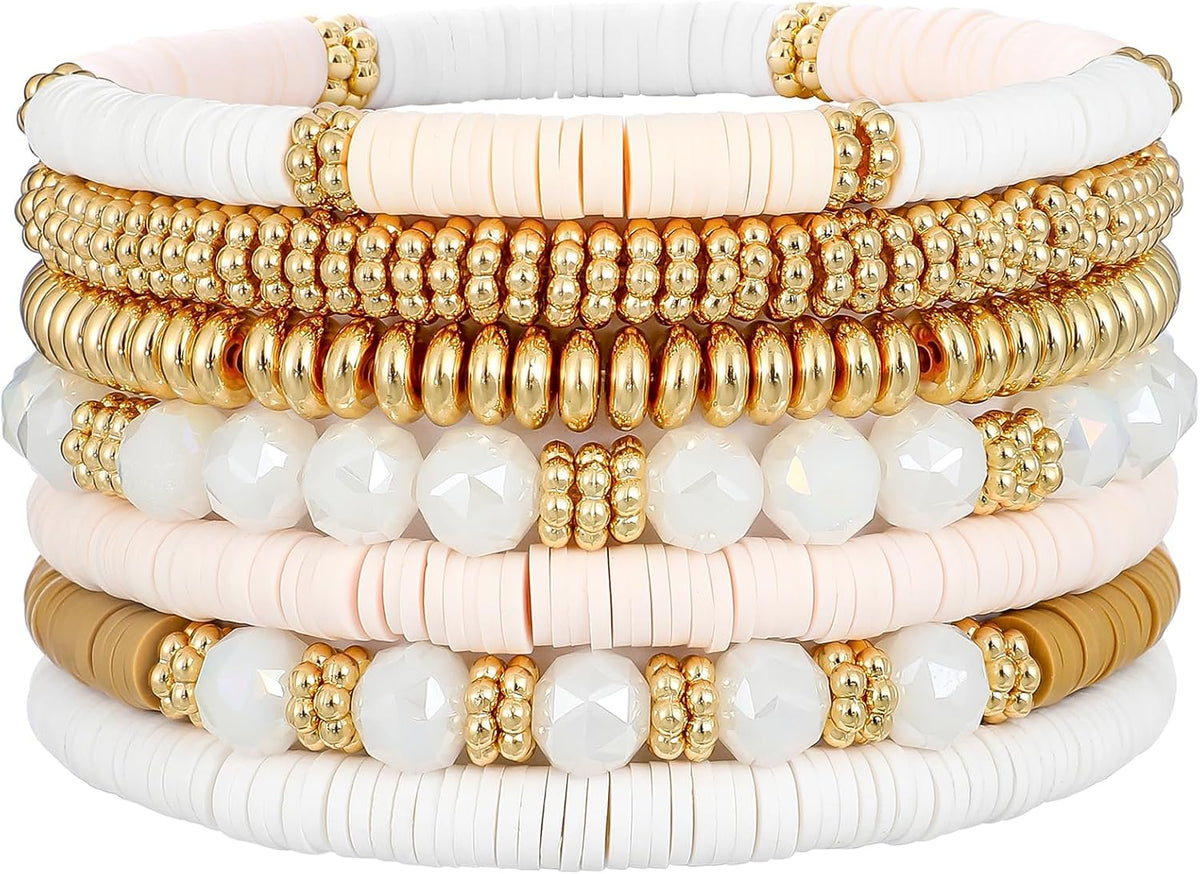 Surfer Heishi Clay Bead Bracelets for Women Bohemian Stackable Gold Plated Beaded Stretch Bracelets Elastic Layering Friendship Bracelets Set Boho Jewelry