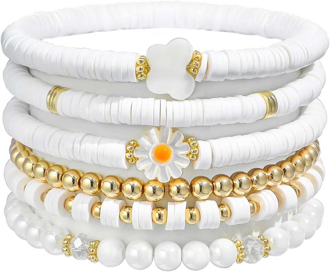 Surfer Heishi Clay Bead Bracelets for Women Bohemian Stackable Gold Plated Beaded Stretch Bracelets Elastic Layering Friendship Bracelets Set Boho Jewelry