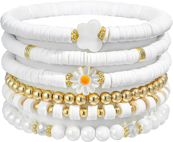 Surfer Heishi Clay Bead Bracelets for Women Bohemian Stackable Gold Plated Beaded Stretch Bracelets Elastic Layering Friendship Bracelets Set Boho Jewelry