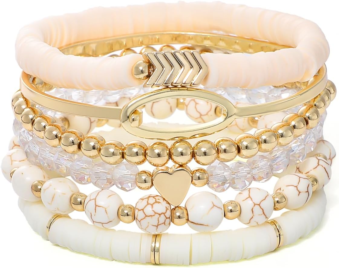 Surfer Heishi Clay Bead Bracelets for Women Bohemian Stackable Gold Plated Beaded Stretch Bracelets Elastic Layering Friendship Bracelets Set Boho Jewelry