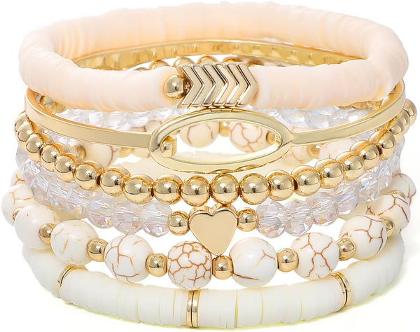 Surfer Heishi Clay Bead Bracelets for Women Bohemian Stackable Gold Plated Beaded Stretch Bracelets Elastic Layering Friendship Bracelets Set Boho Jewelry