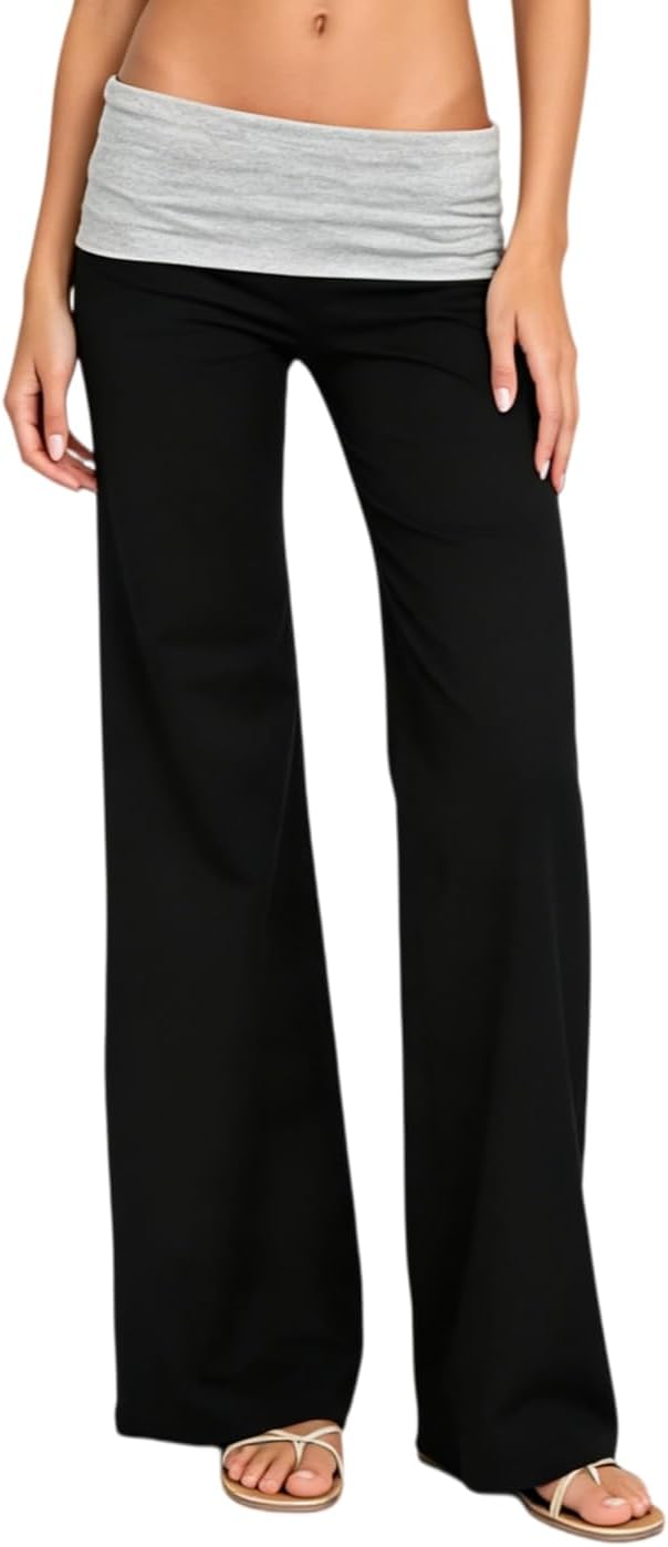 Women's Flare Skinny Pants Fold Over Leggings Stretch