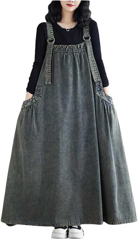 Boho Jumper Dress for Women Loose Overall Pinafore Dresses Adjustable Straps Wide Hemline with Pockets Baggy Style