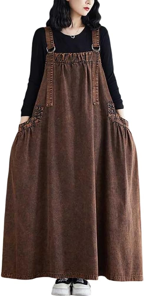 Boho Jumper Dress for Women Loose Overall Pinafore Dresses Adjustable Straps Wide Hemline with Pockets Baggy Style