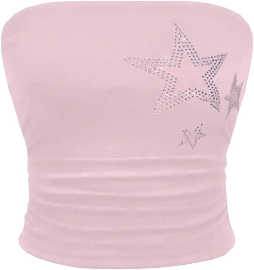 WDIRARA Women's Star Rhinestone Strapless Crop Tube Bandeau Top