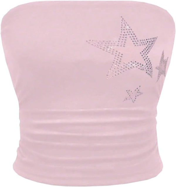 WDIRARA Women's Star Rhinestone Strapless Crop Tube Bandeau Top