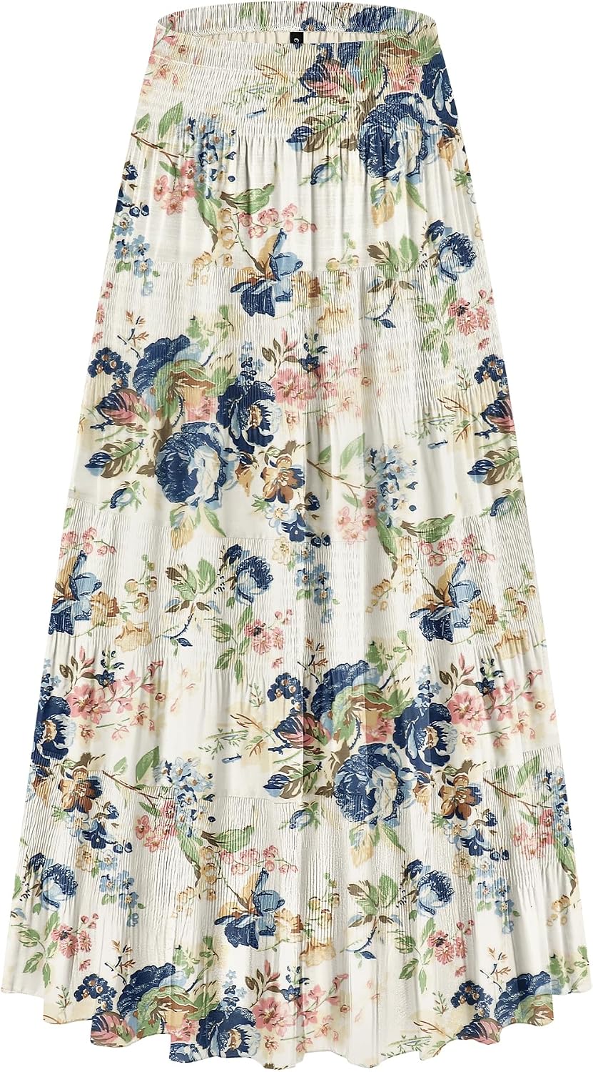 CYiNu Women's Chiffon Elastic High Waist Tiered Pleated Floral Printed A-Line Boho Long Maxi Skirts