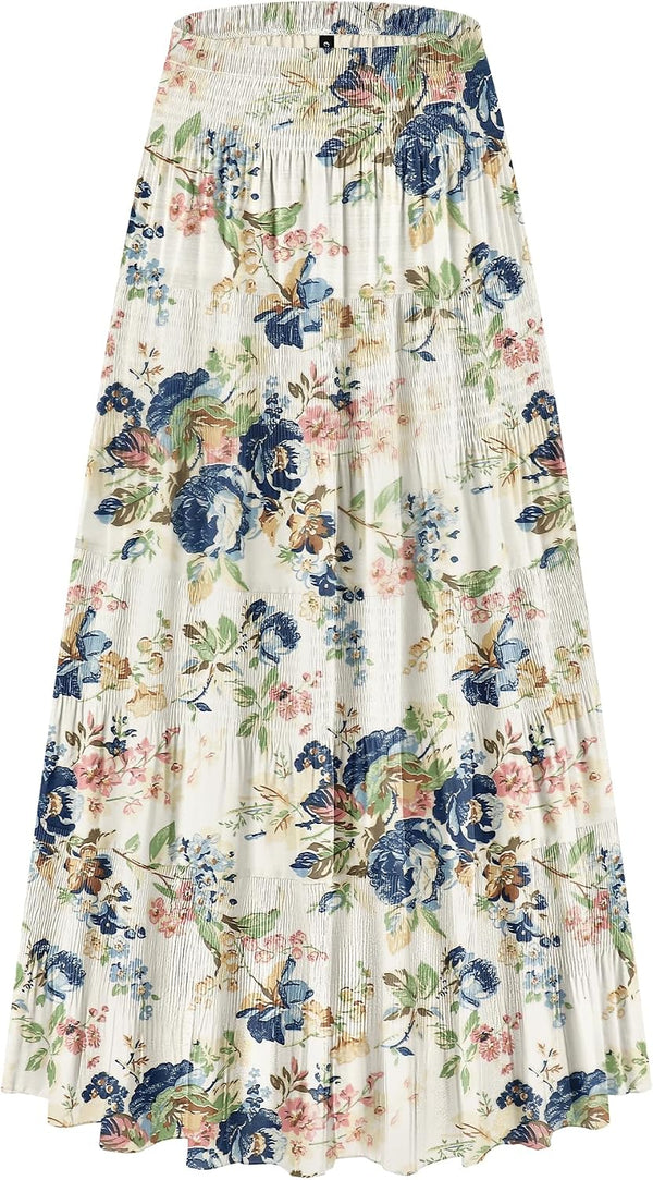 CYiNu Women's Chiffon Elastic High Waist Tiered Pleated Floral Printed A-Line Boho Long Maxi Skirts