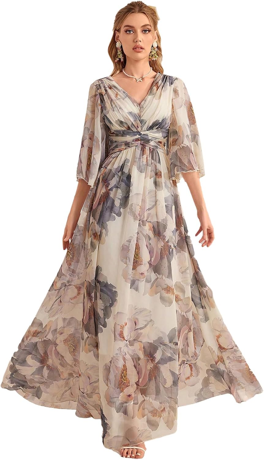 Womens Summer Dresses,Floral Patterns Vintage Elegant Cocktail Long Sleeve Boho Casual Maxi Wedding Guest Dresses for Women