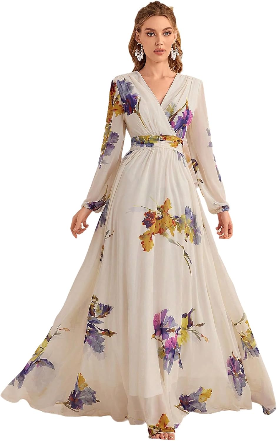 Womens Summer Dresses,Floral Patterns Vintage Elegant Cocktail Long Sleeve Boho Casual Maxi Wedding Guest Dresses for Women