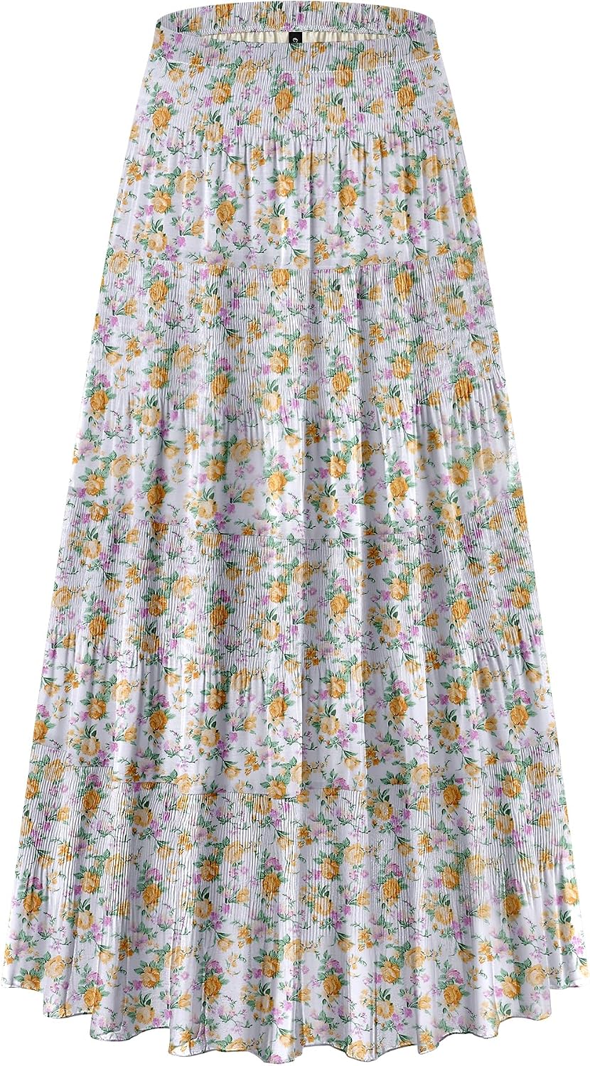 CYiNu Women's Chiffon Elastic High Waist Tiered Pleated Floral Printed A-Line Boho Long Maxi Skirts