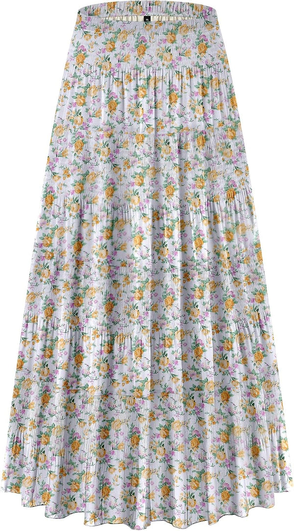 CYiNu Women's Chiffon Elastic High Waist Tiered Pleated Floral Printed A-Line Boho Long Maxi Skirts