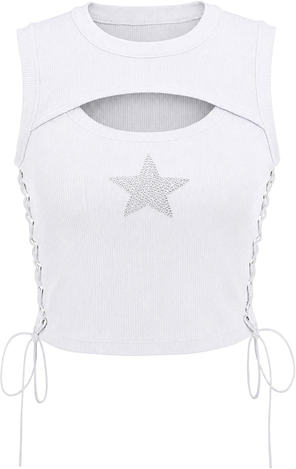 Womens Y2K Gothic Tops Star Sparkly Rhinestone Fitted Crop Tops