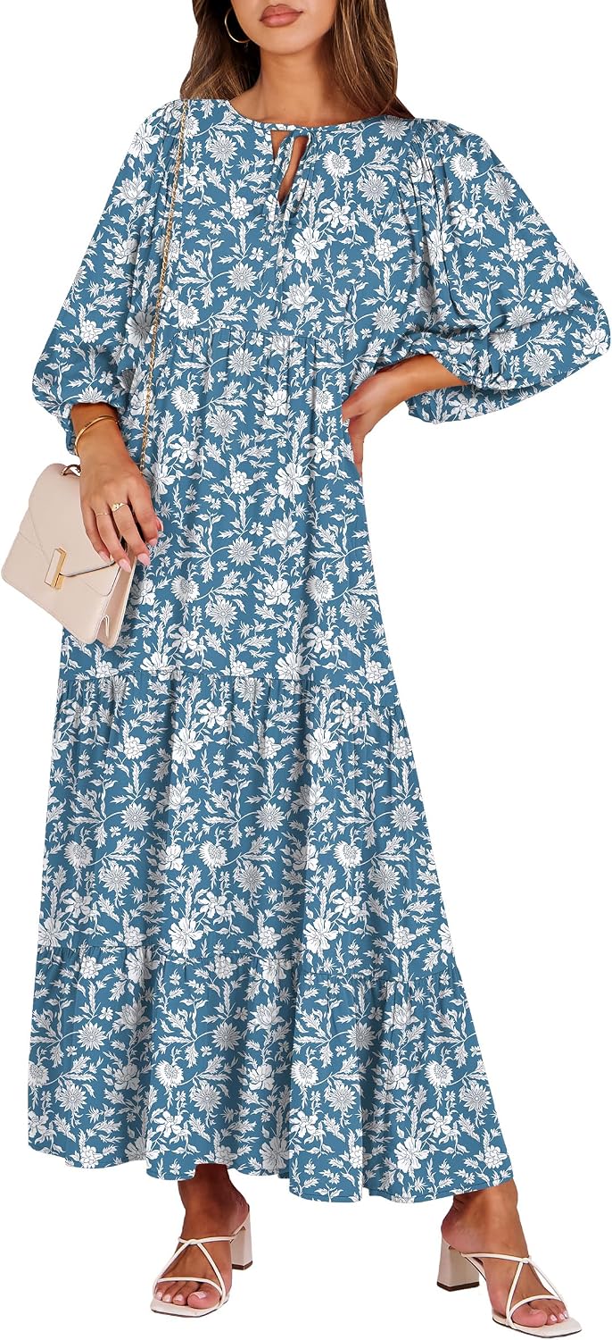ANRABESS Womens Boho Floral 3/4 Puff Sleeve Maxi Dress