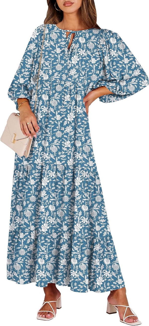 ANRABESS Womens Boho Floral 3/4 Puff Sleeve Maxi Dress