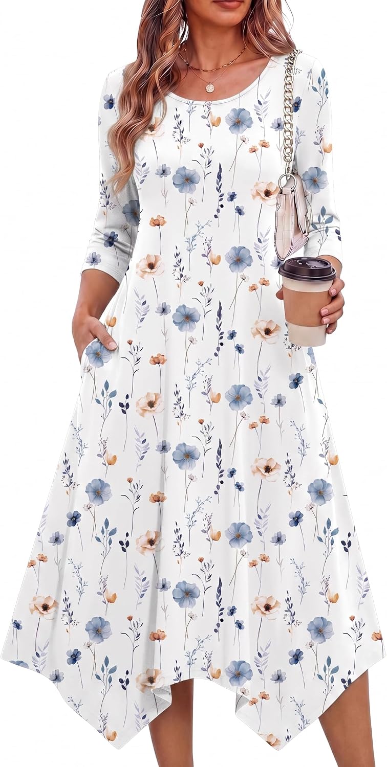 Zeagoo Midi Dresses Women 2026 Dress 3/4 Sleeve A Line Casual Dresses with Pockets