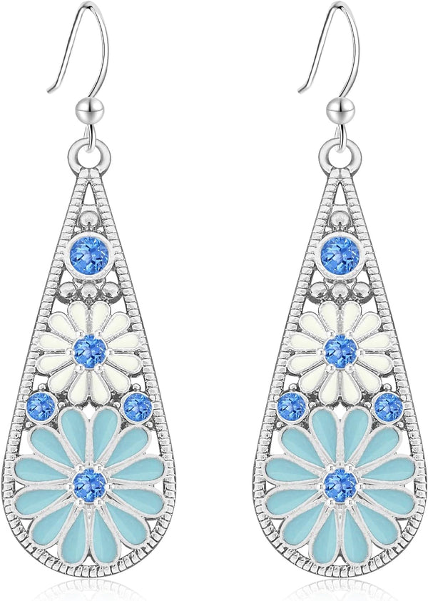 Copper Crystal Teardrop Enamel Flower Earrings