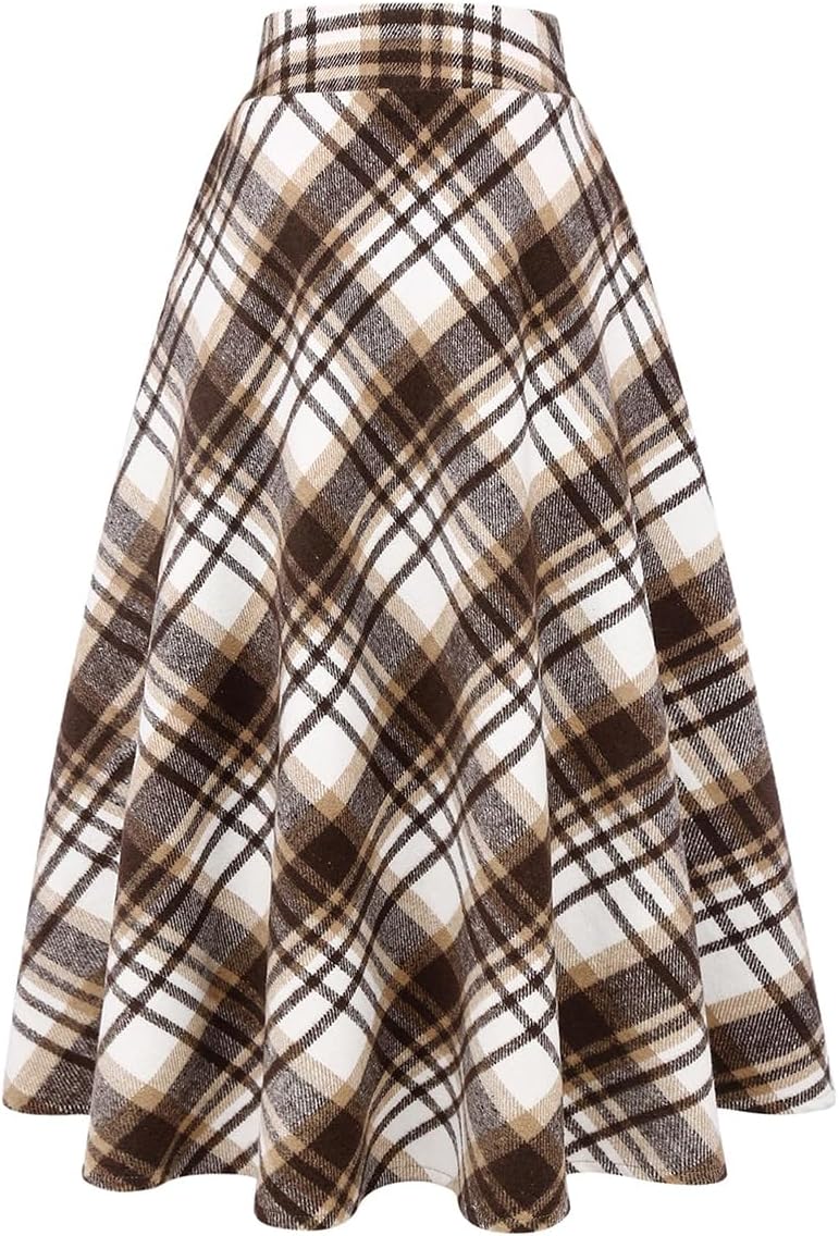 Long Plaid Wool Skirt for Womens Winter Fall Warm High Elastic Waist A line Flared Pleated Wool Tartan Skirts