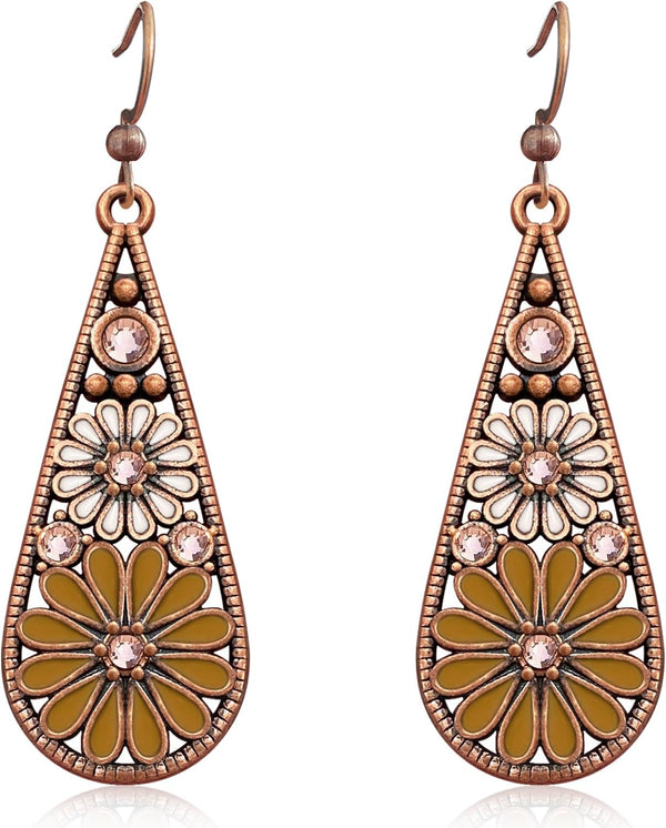 Copper Crystal Teardrop Enamel Flower Earrings