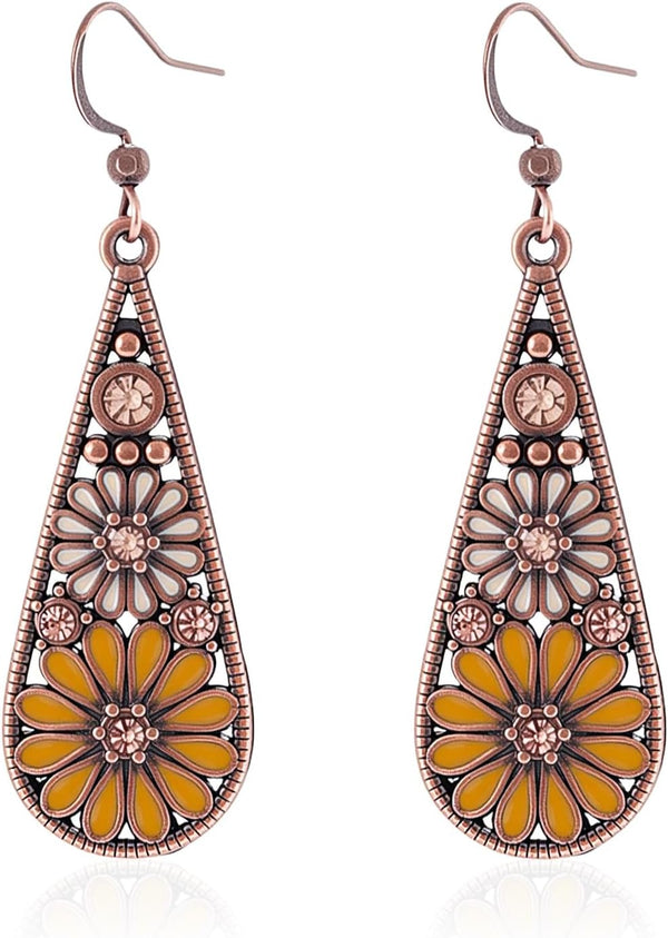 Olive Green Crystal Teardrop Floral Boho Earrings