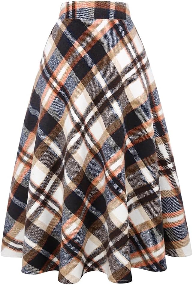 Long Plaid Wool Skirt for Womens Winter Fall Warm High Elastic Waist A line Flared Pleated Wool Tartan Skirts