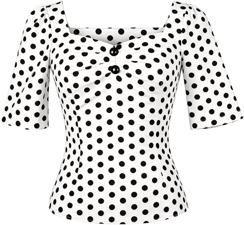YARN & INK Women's 1950s Pinup Tops, Rockabilly Vintage Blouse Medium Sleeves Sweetheart V-Neck Shirt