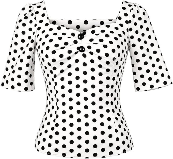 YARN & INK Women's 1950s Pinup Tops, Rockabilly Vintage Blouse Medium Sleeves Sweetheart V-Neck Shirt