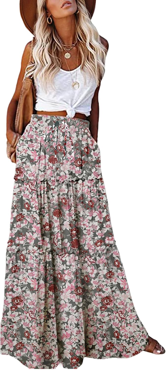 EARKOHA Womens Boho Maxi Skirt 2026 Summer Cruise Casual High Waist Tie Flowy Long Skirt with Pockets For Beach Vacation