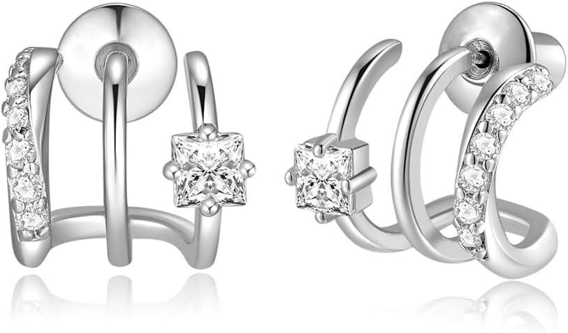 14K Gold Plated Illusion Stud Earrings for Women | Triple Huggie Hoop Earrings for One Hole| Trendy Simple Hypoallergenic Fashion Accessories Gold