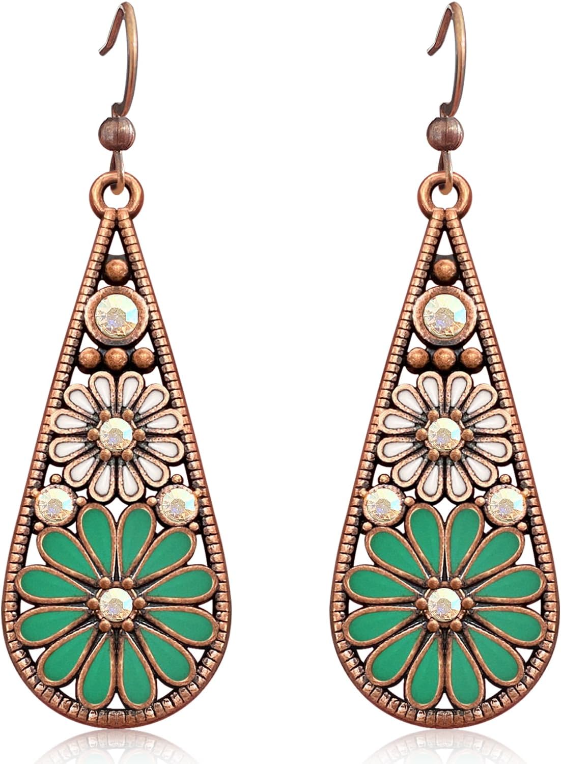 Copper Crystal Teardrop Enamel Flower Earrings