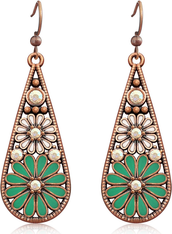 Copper Crystal Teardrop Enamel Flower Earrings