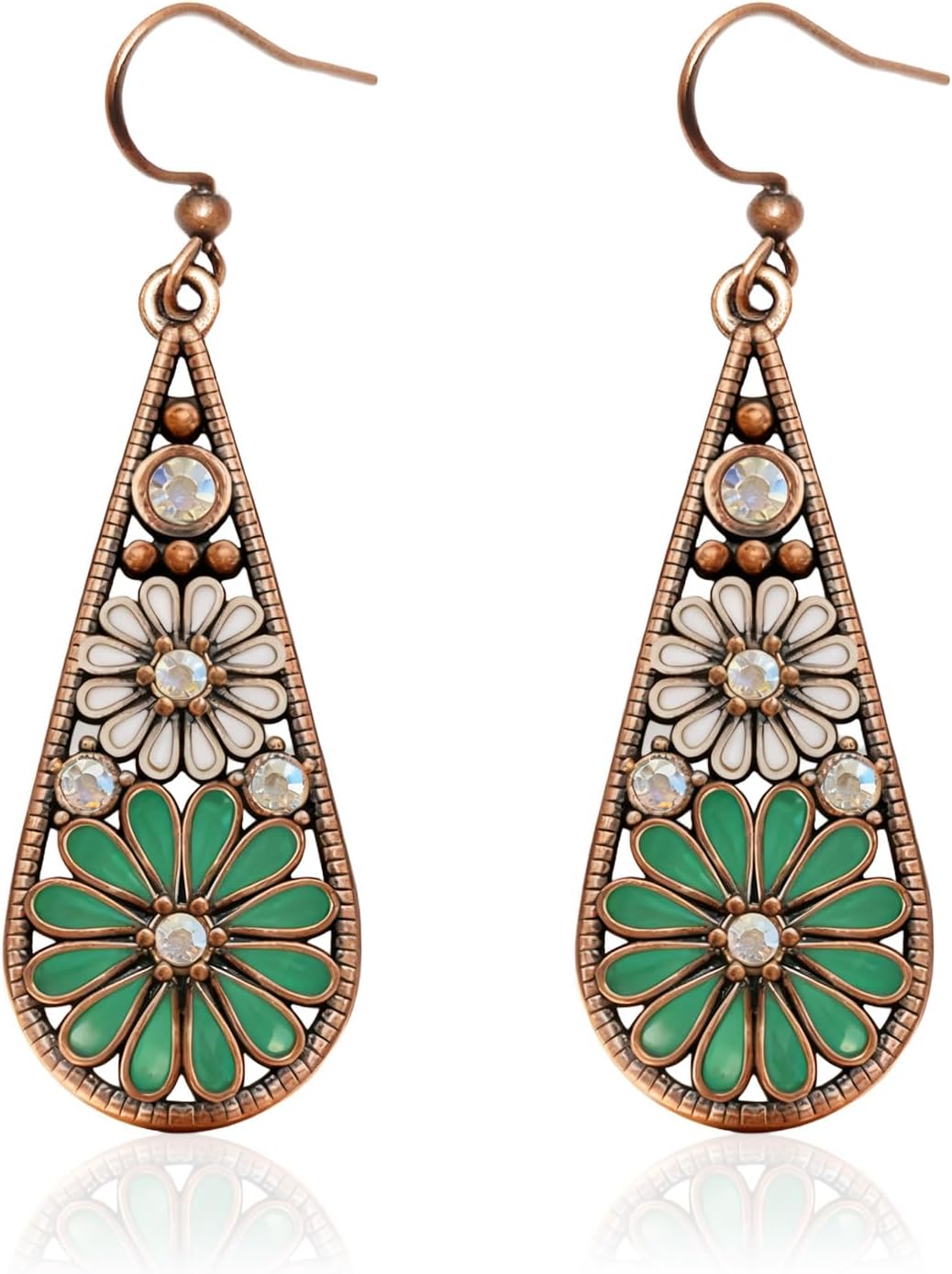 Olive Green Crystal Teardrop Floral Boho Earrings