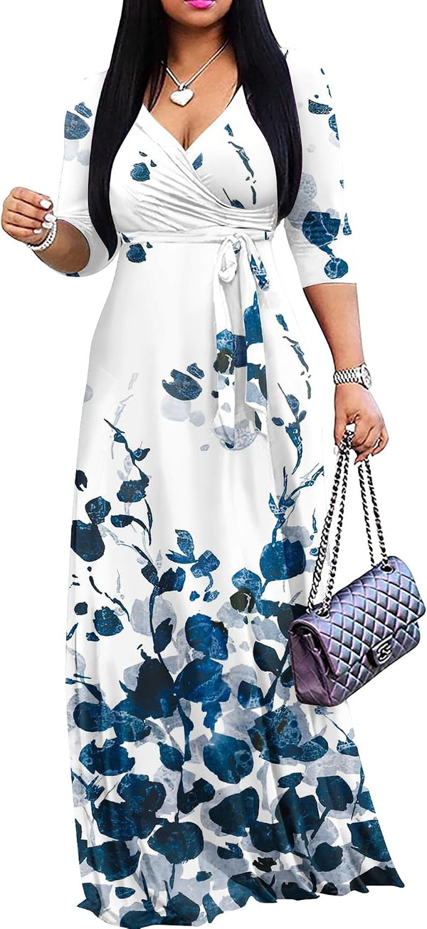 FANDEE Plus Size Maxi Dress for Women Casual Summer Sundress V-Neck 3/4 Sleeve